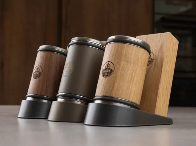 Horl Dock knife sharpener with wooden accents on kitchen countertop