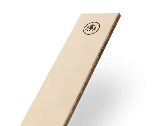 Close-up of Horl leather finishing sharpening stone with logo for knife sharpening