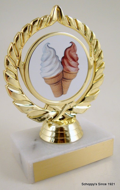 Ice Cream Logo trophy on gold wreath figure trophy on white marble base with gold engraving plate