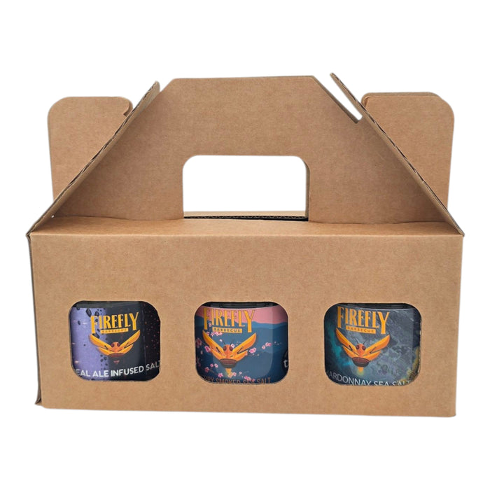 Gourmet salt gift set with flavored sea salts in a cardboard box