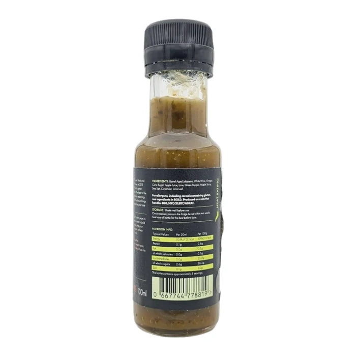 Side view of hot sauce bottle with nutritional info