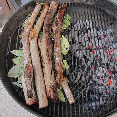 Pimento leaves on grill for smoking and flavoring