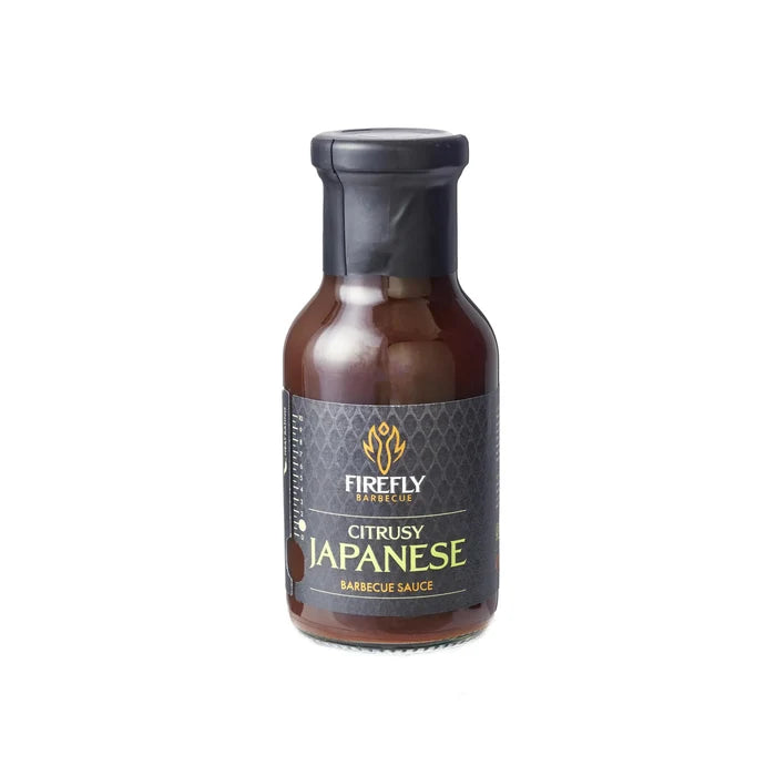 Firefly Barbecue Japanese BBQ Sauce in 250ml glass bottle with yuzu, miso, and soy. Sweet, savory citrus marinade for pork, chicken, or seafood.