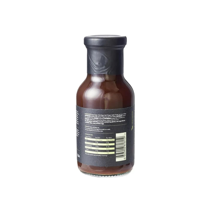 Rear view of Firefly Japanese BBQ Sauce bottle showing nutritional info and barcode. Yuzu BBQ sauce for enhancing grilled dishes.