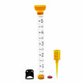 Jumbo Jr 5 inch rain gauge parts laid out on a white background including yellow funnel and measurement tube.