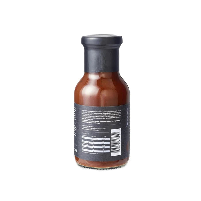 Firefly BBQ Kansas Brisket BBQ Sauce bottle rear view with barcode and nutritional information, suitable for gluten-free and halal diets.