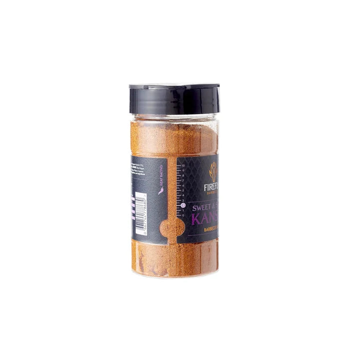 Side view of Firefly Kansas BBQ Rub - Sweet & Smoky in a clear shaker bottle. Premium spice blend for grilling and roasting meats.