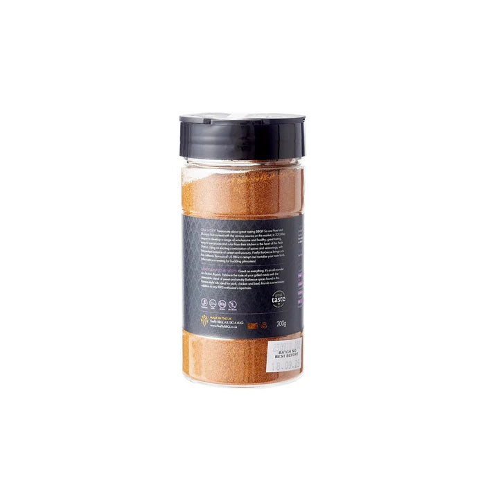 Back label of Kansas BBQ Rub - Sweet & Smoky by Firefly Barbecue showing ingredients and certifications. Gluten free and halal approved.