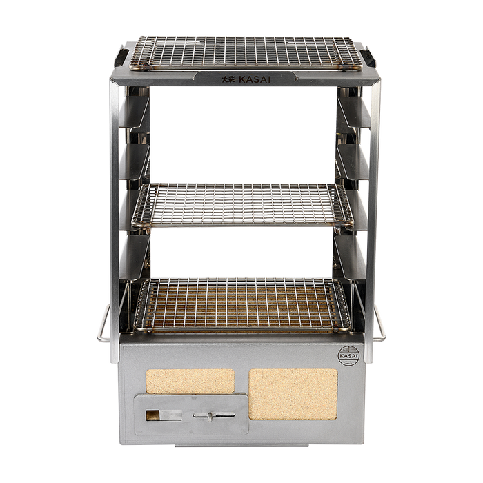 Stainless steel outdoor grill rack with multiple shelves for enhanced cooking