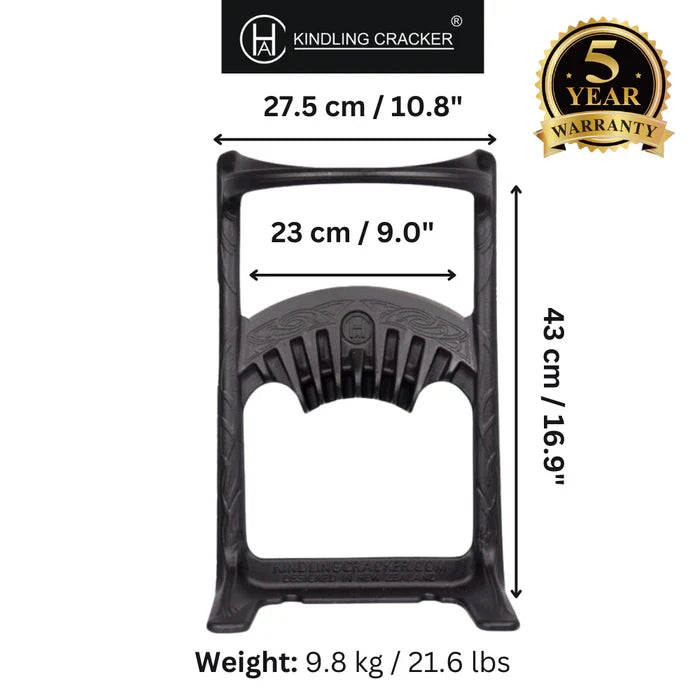 Kindling Cracker wood splitter with dimensions and warranty info