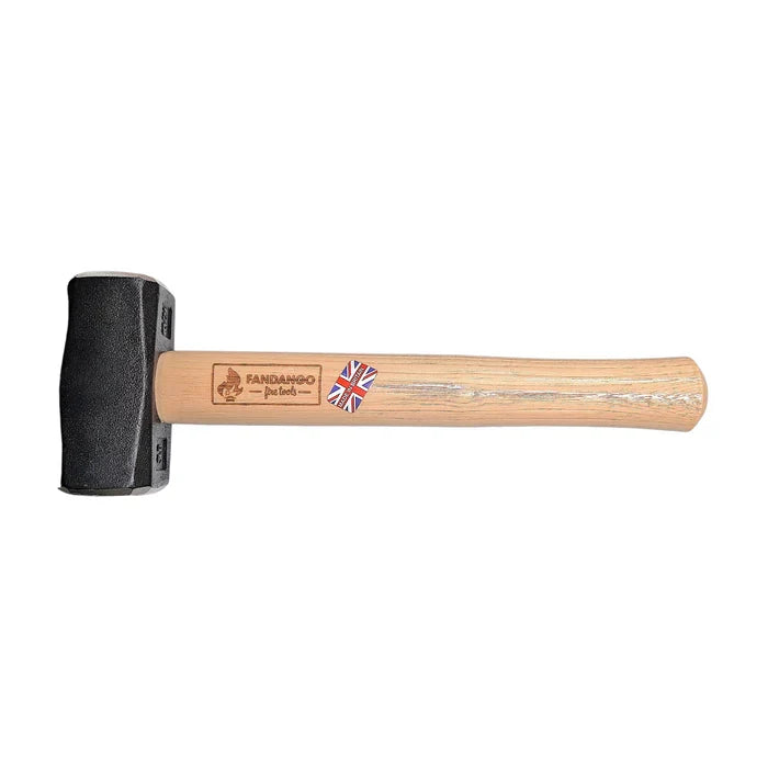Side view of Kindling Cracker firewood splitter with wooden handle and Union Jack sticker