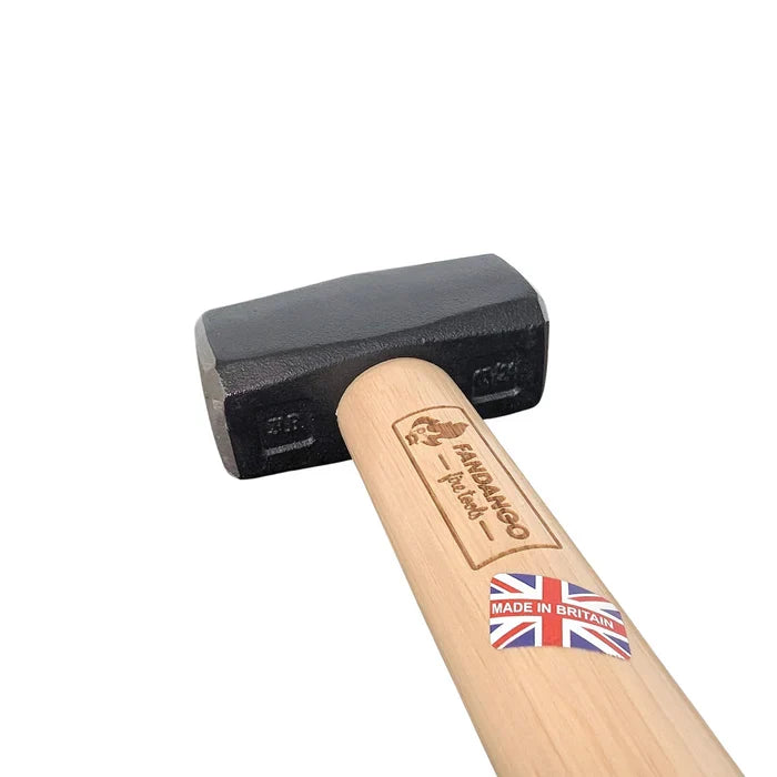Close-up of Kindling Cracker sledge hammer with forged steel head and wooden handle