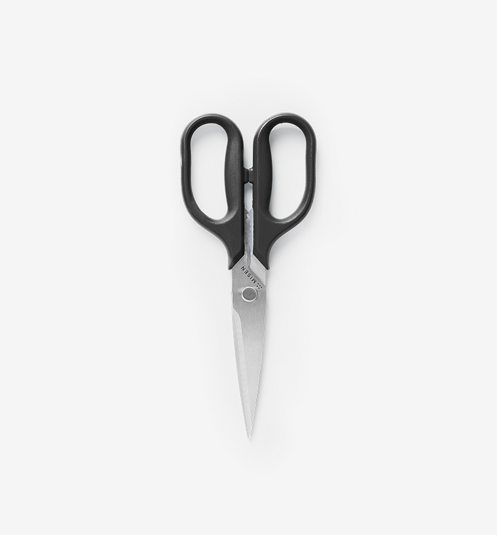 Misen kitchen scissors with black handles and stainless steel blades