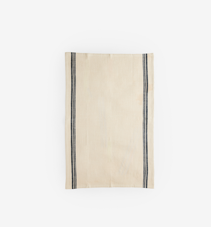 Cream linen kitchen towel with navy blue stripes