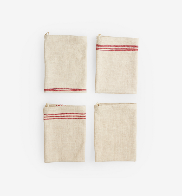 Set of 4 natural linen kitchen towels with red stripe detail
