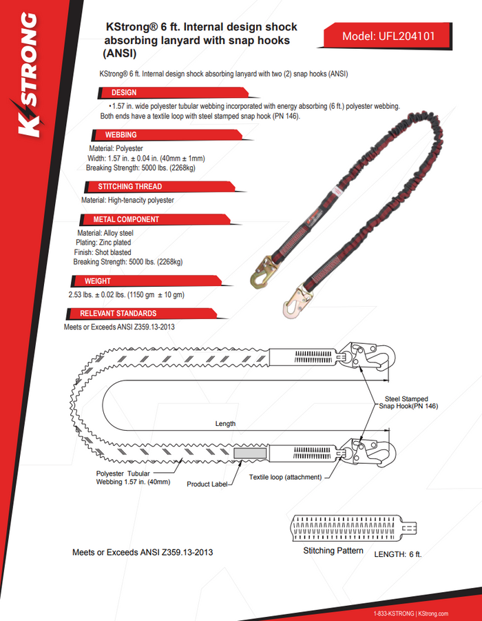 KStrong® 6 ft. Internal design shock absorbing lanyard with snap hooks (ANSI)