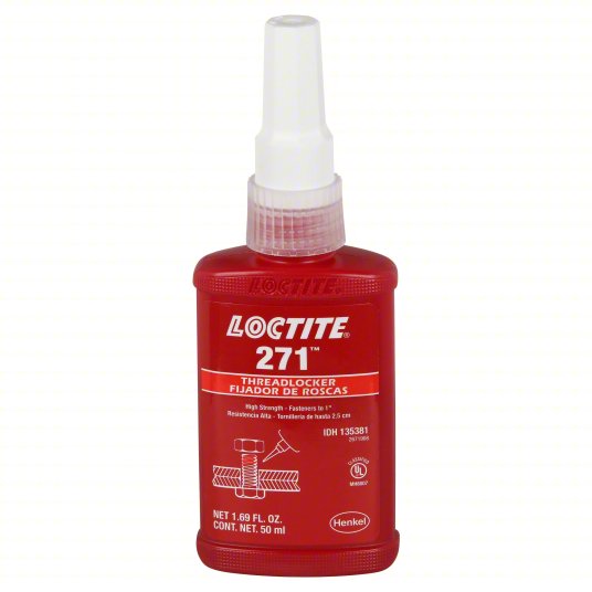 LOCTITE High-Strength Threadlocker: 271, Red, Oil Tolerant, 1.69 fl oz, Bottle, 1 EA