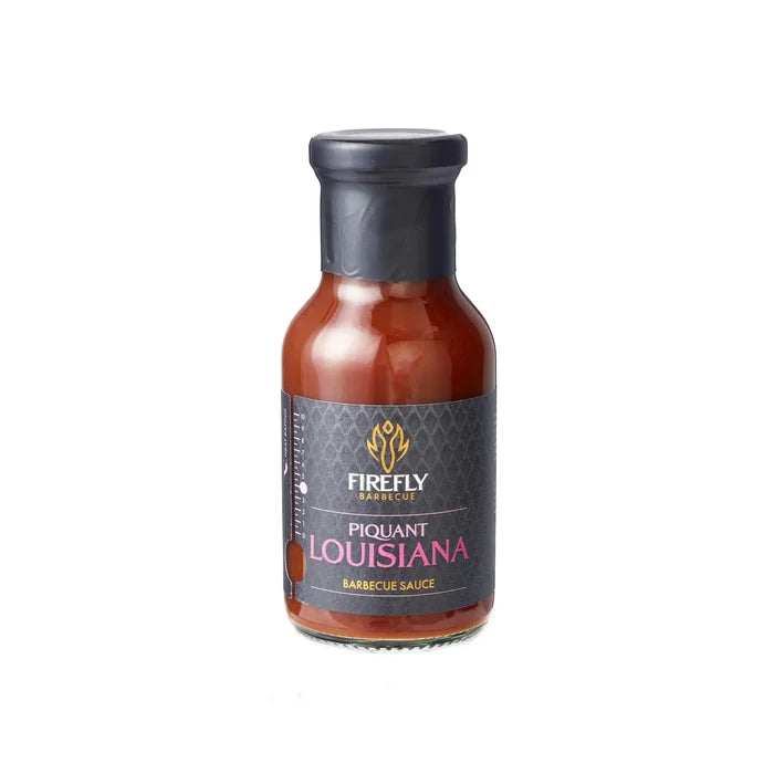 Firefly BBQ Louisiana BBQ Sauce 250ml glass bottle with bold Bayou flavor, ideal for grilling chicken, pork, or shrimp.