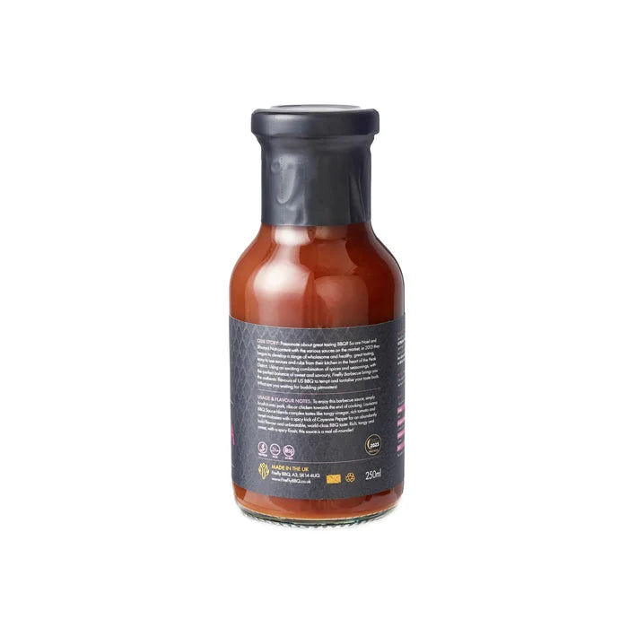 Back label of Firefly BBQ Louisiana BBQ Sauce 250ml bottle showing product details, ingredients, and usage instructions.
