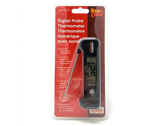 Digital probe thermometer in packaging with LCD display and foldable probe