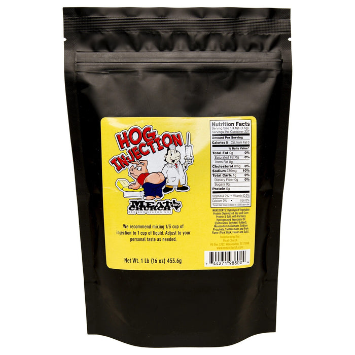 Black bag of Meat Church Hog Injection Seasoning for BBQ