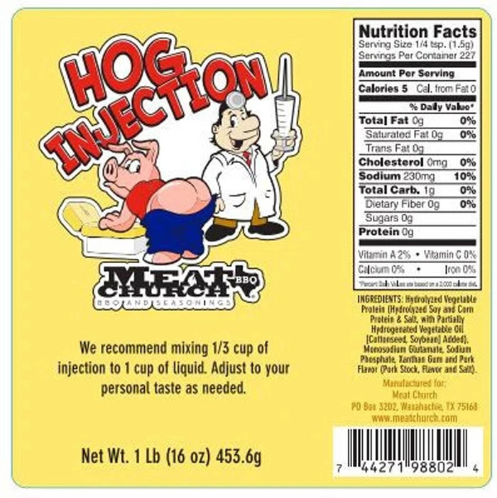 Yellow label of Meat Church Hog Injection Seasoning for BBQ with nutrition facts
