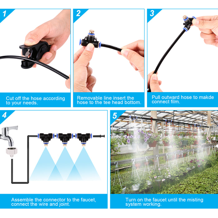 Misting Cooling System 65.6Ft Hose Line + 23 T-Joint Nozzles Water Sprayer for Lawn Garden Patio