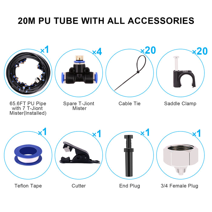 Misting Cooling System 65.6Ft Hose Line + 23 T-Joint Nozzles Water Sprayer for Lawn Garden Patio