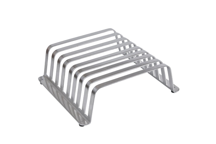 Stainless steel BBQ utensil rack with 8 compartments for outdoor grill accessories
