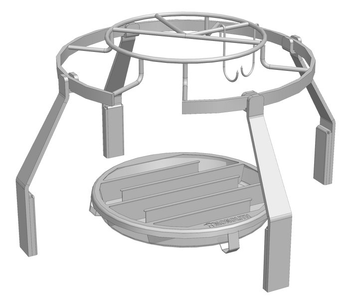 Monolith grill with metal frame and circular cooking surface for outdoor cooking