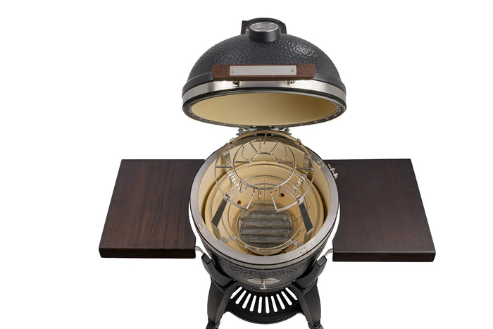 Close-up of Monolith grill lid with textured surface and integrated thermometer