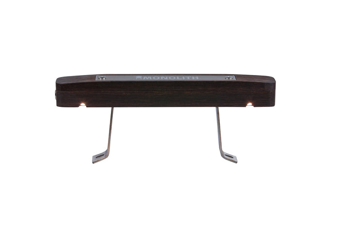 Close-up of Monolith Avantgarde LED grill handle with wood and metal details