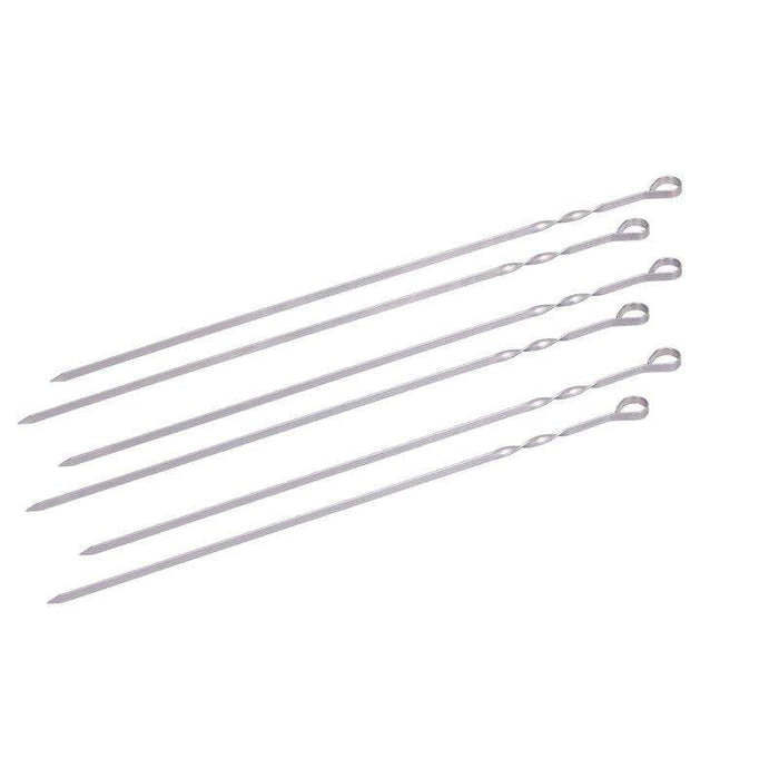 Set of 7 stainless steel skewers from the Monolith Rotisserie Skewer Set for Classic grills, ideal for grilling meat, vegetables, and kebabs.