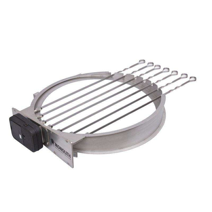 Monolith Rotisserie Skewer Set with 7 skewers mounted on a stainless steel ring and motor, designed for Classic kamado grills by FireFly Barbecue.
