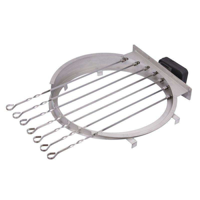 Top view of Monolith Rotisserie Skewer Set showing 7 skewers evenly spaced on a motorized ring for uniform grilling on Classic kamado grills.