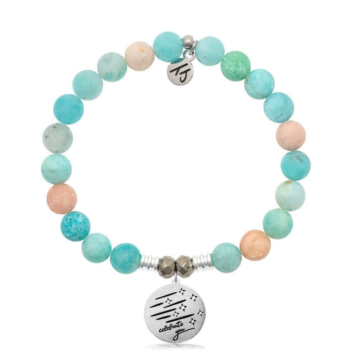 Multi Amazonite Stone Bracelet with Birthday Wishes Sterling Silver Charm
