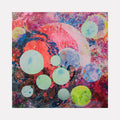 The artwork 'My World' by Millie Benson features vibrant floating spheres in pastel blues, mint greens, and coral pinks against a dynamic abstract background. The mixed media piece combines textural elements using gouache and spray paint, creating a cosmic, ethereal effect with layered circles dancing across a deep burgundy and navy base. 10x10 inch contemporary abstract art on wood.