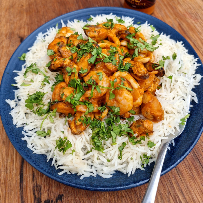 Creole chicken and shrimp dish served over white rice, garnished with herbs, made using Firefly BBQ New Orleans Creole Sauce.