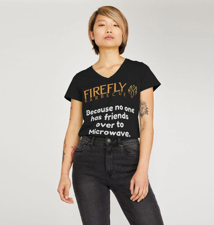 Women modeling Women's V-Neck T-Shirt - Friends Over to Microwave - Black casual style