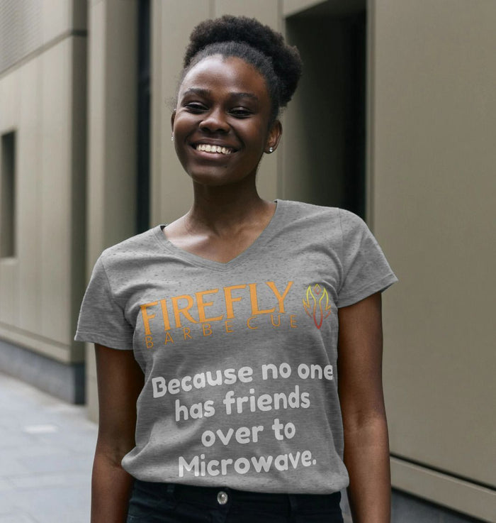 Women wearing Women's V-Neck T-Shirt - Friends Over to Microwave - Gray organic cotton