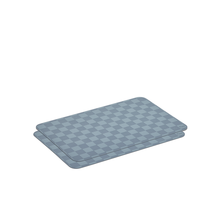 Two grey, rectangular checkered Oven Mats made of reusable silicone are stacked on a white background.