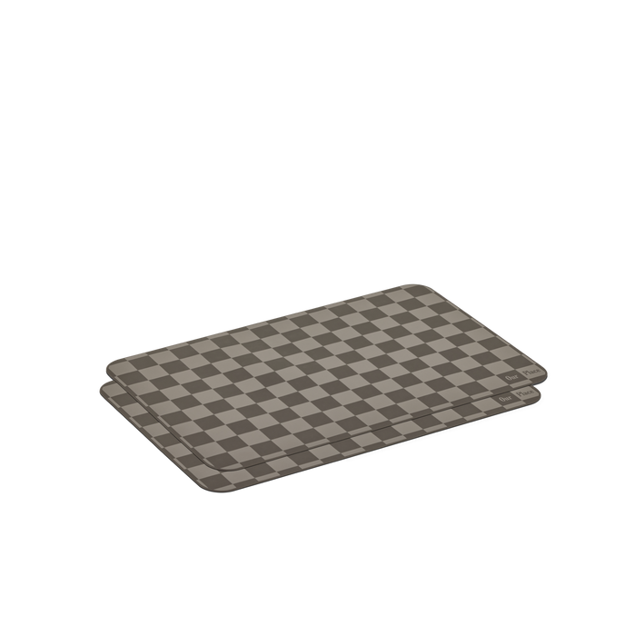 Two rectangular, gray Oven Mats made of reusable silicone with a checkered pattern are stacked slightly offset on a white background.