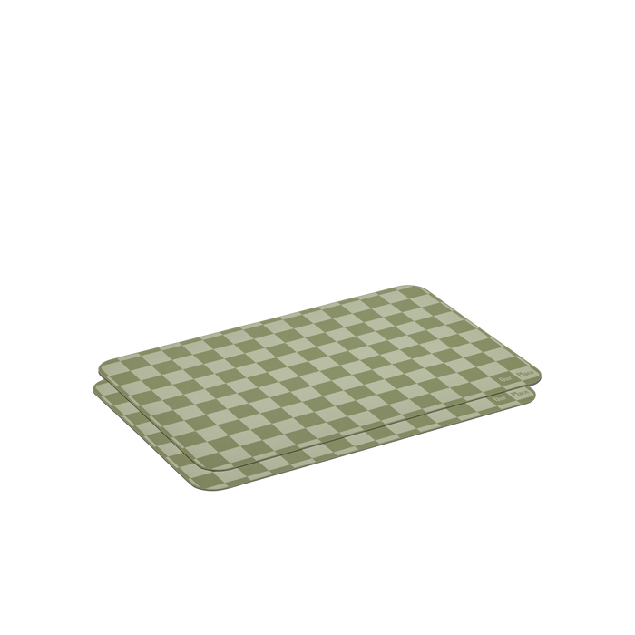Two Oven Mats with a green and beige checkerboard pattern, rectangular in shape and slightly overlapped, shown on a white background.
