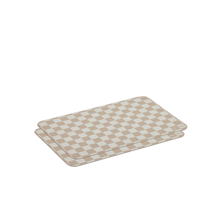 Two rectangular Oven Mats with a beige and white checkerboard pattern are stacked on a white background.