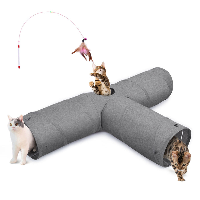 Ownpets 12'' in Diameter Cat Tunnel Extra Large 3 Way Collapsible Kitty Tunnel Cat Tube with Plush Ball & Feather Toy