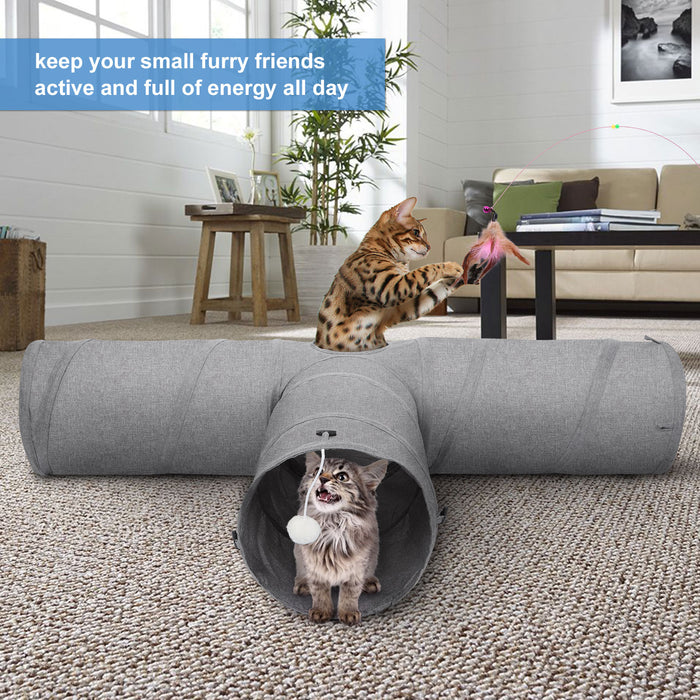 Ownpets 12'' in Diameter Cat Tunnel Extra Large 3 Way Collapsible Kitty Tunnel Cat Tube with Plush Ball & Feather Toy