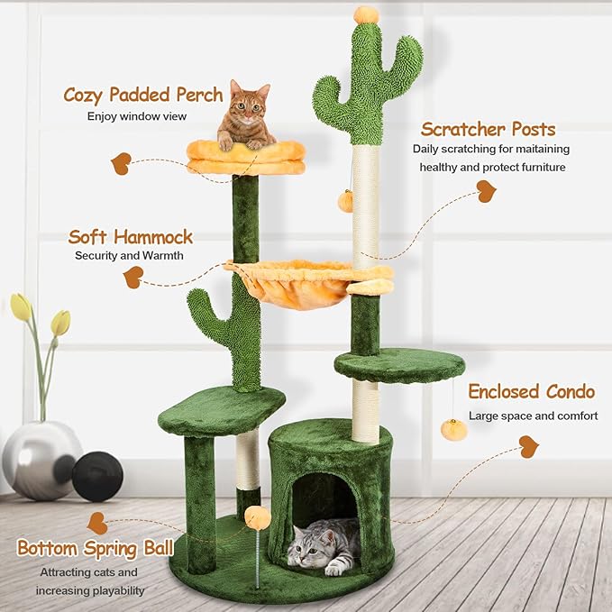 Ownpets 52” Tall Cactus Cat Tree Large Multi-Level Cute Cat Tower with Padded Top Perch for Indoor Cats
