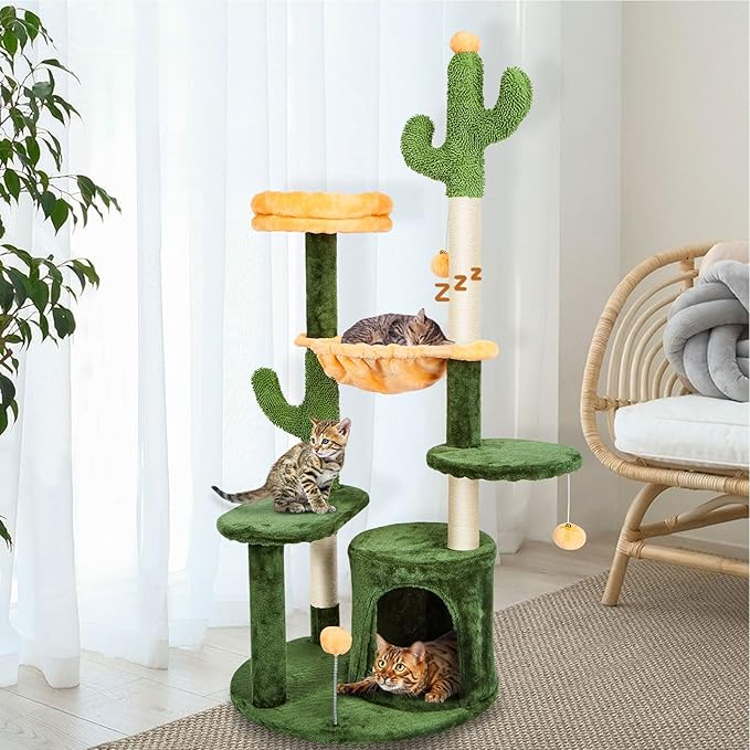 Ownpets 52” Tall Cactus Cat Tree Large Multi-Level Cute Cat Tower with Padded Top Perch for Indoor Cats