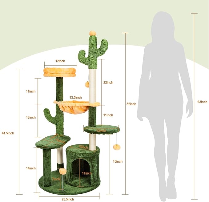 Ownpets 52” Tall Cactus Cat Tree Large Multi-Level Cute Cat Tower with Padded Top Perch for Indoor Cats