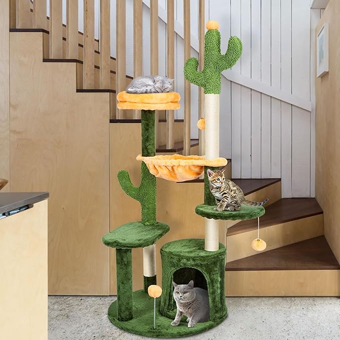 Ownpets 52” Tall Cactus Cat Tree Large Multi-Level Cute Cat Tower with Padded Top Perch for Indoor Cats